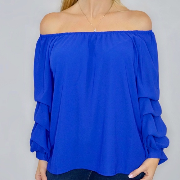 *NEW* NAVY OFF SHOULDER TOP W/RUFFLE SLEEVES - Picture 2 of 5